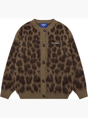 Oversized Leopard Print Cardigan Y2K Crewneck Button Down Long Sleeve